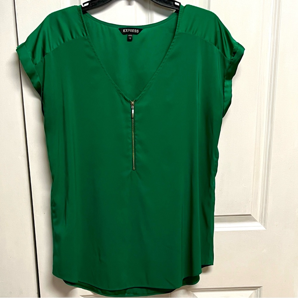 Express Emerald Green V-Neck Zip Front Boxy Blouse Size L